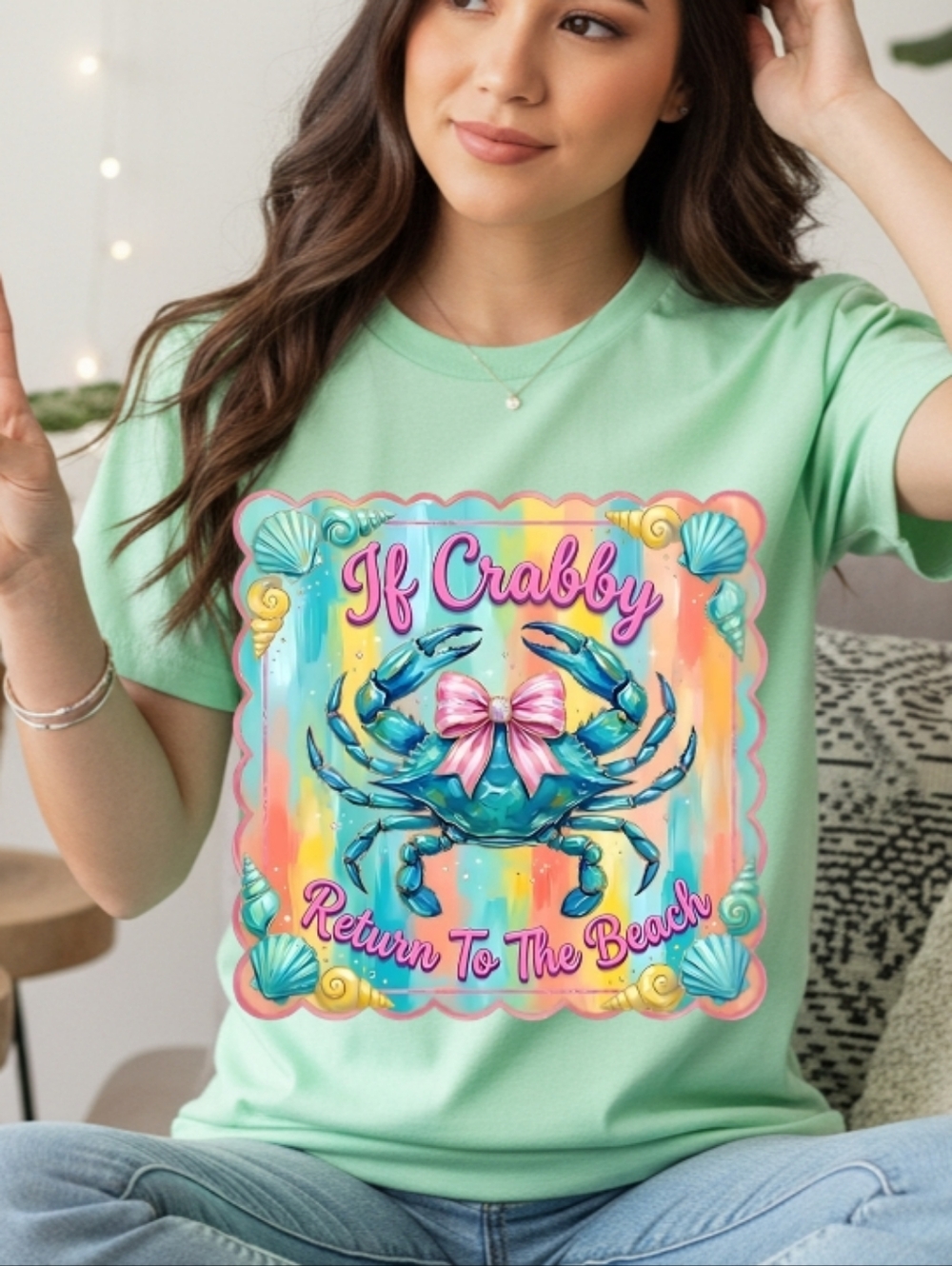 Gildan Mint Green Tee with Colorful Crab Graphic